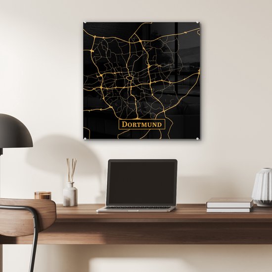 MuchoWow® Peinture sur verre 50x50 cm - Peinture acrylique sur verre - Carte - Dortmund - Or - Zwart - Photo sur verre - Peintures