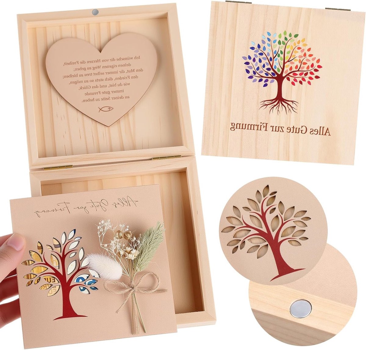 Communie en Bevestiging Geld Cadeau Doos voor Jongens en Meisjes met Houten Hart, Kaart en Gedroogde Bloemen