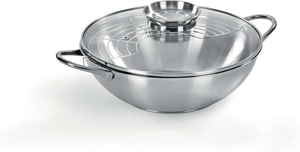 RVS Wok Pan 28 cm met Geurafzuigdeksel - Geschikt voor alle Warmtebronnen