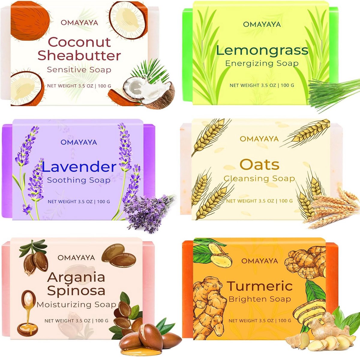 Natuurlijke Vaste Zeep Cadeauset - 6x100g Handgemaakte Zeep voor Dames en Heren