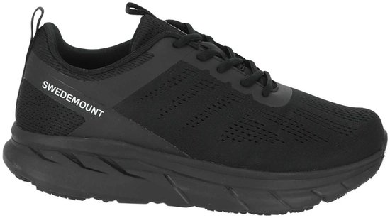 Chaussure de course noire pour homme Swedemount avec inscription 'SWEDEMOUNT' sur le côté.