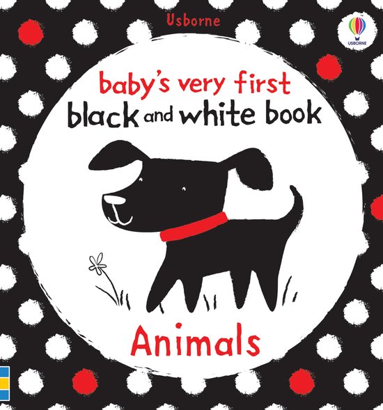 Baby's allereerste zwart-wit boek met dieren. Een zwarte hond met rode kraag op een witte cirkel. Zwart-witte stippen en rode stippen op de achtergrond.