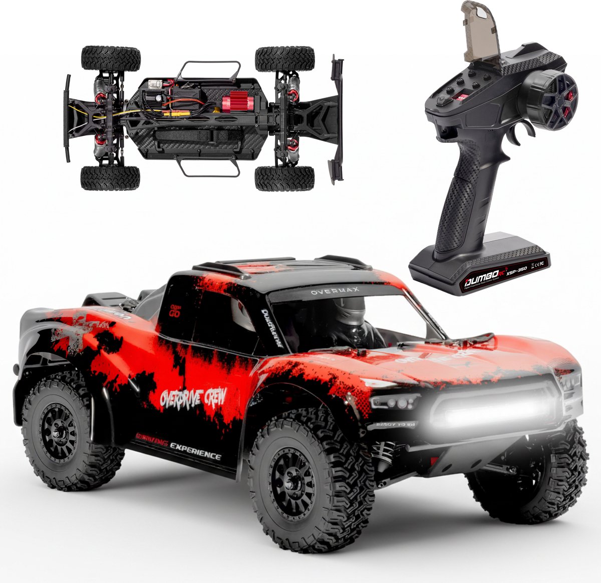 Overmax X-Giron RC Auto 1:10 – 4x4 Offroad – Borstelloze Motor 70 km/u – Carbon Chassis – IP64 Bescherming – Hydraulische Vering – Li-Po 3S 2200 mAh – Dumbo X5P Gyro Controller – RTR Set – LED Verlichting – Tot 300 m Bereik – Bestuurbare Auto