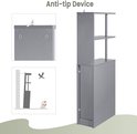 Grijze smalle opbergkast met een weergave van het anti-tip apparaat en de installatie-instructies.