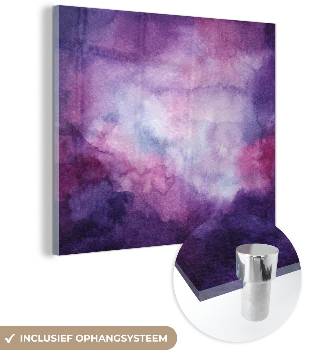 ® Glasschilderij 90x90 cm - Schilderij acrylglas - Waterverf - Paars - Schilderij - Foto op glas - Muurdecoratie woonkamer - Wanddecoratie slaapkamer - Schilderijen
