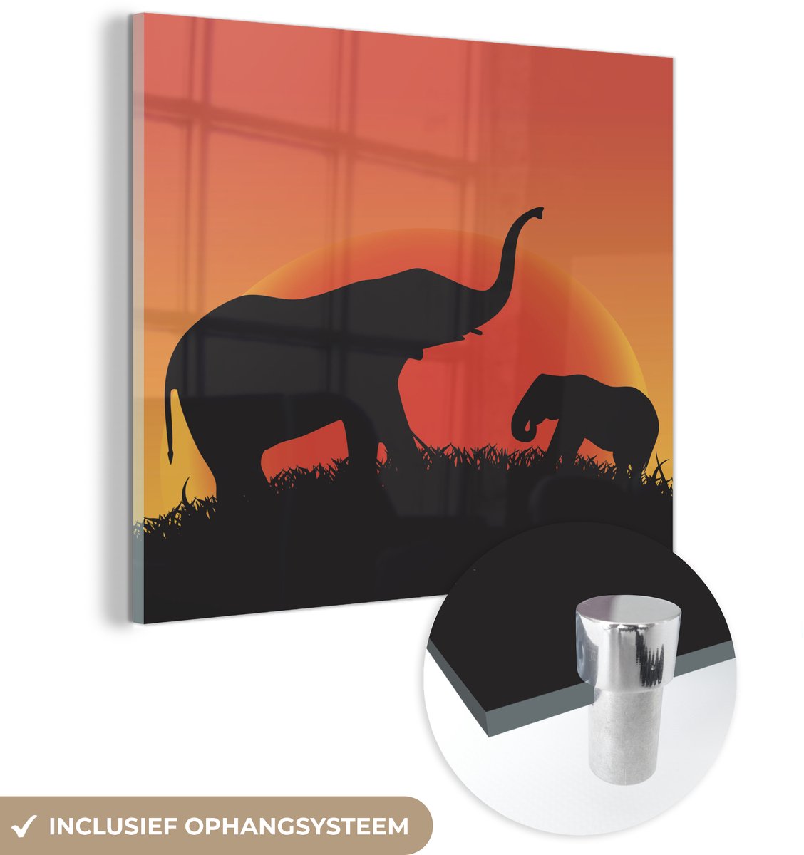 ® Glasschilderij 90x90 cm - Schilderij acrylglas - Een silhouet illustratie van een moeder en baby olifant - Foto op glas - Muurdecoratie woonkamer - Wanddecoratie slaapkamer - Schilderijen