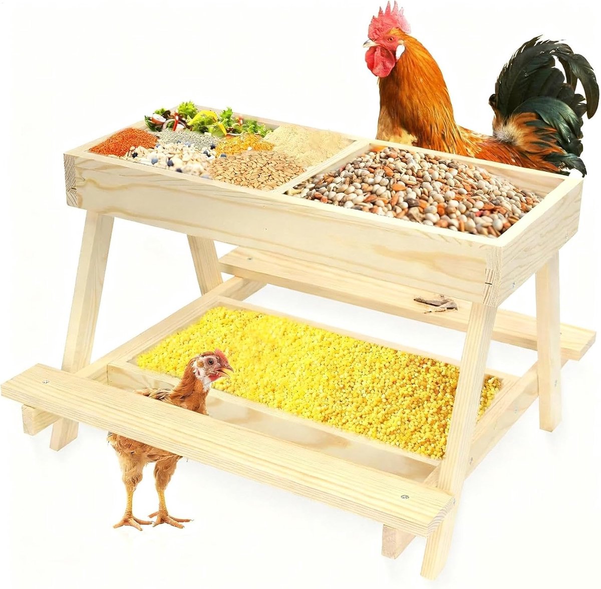 Kip Tafel Voerbak - Kippen Tafel Voerdispenser - Voederen Dieren - Handgemaakt Hout Ontwerp