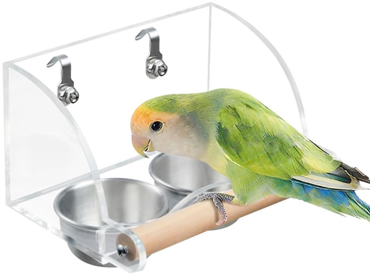aladdien - Vogelvoederbak - Transparante vogelvoederdispenser - Roestvrij staal - Dubbele vogelbakken - Antislip standaard voor parkieten - Geschikt...