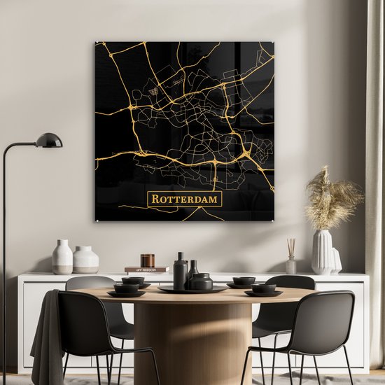Peinture sur Verre - Carte - Rotterdam - Zwart - Or - 90x90 cm - Peintures sur Verre Peintures - Photo sur Glas