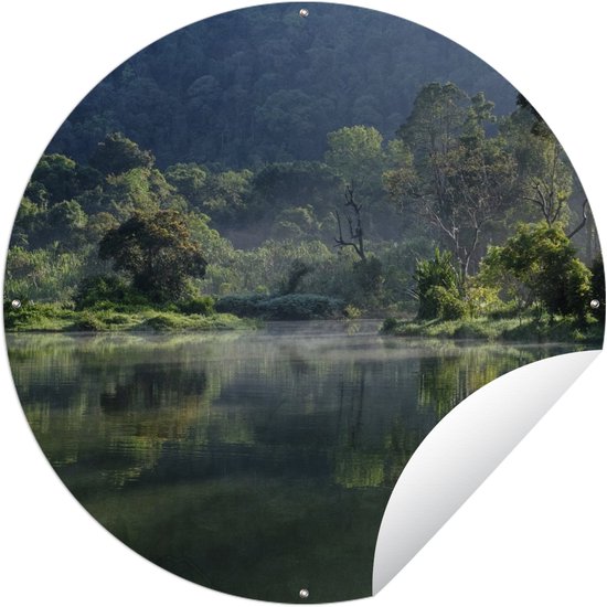 Tuincirkel Geweldige weerspiegeling van een tropisch regenwoud in een meertje in Jakarta - 120x120 cm - Ronde Tuinposter - Buiten