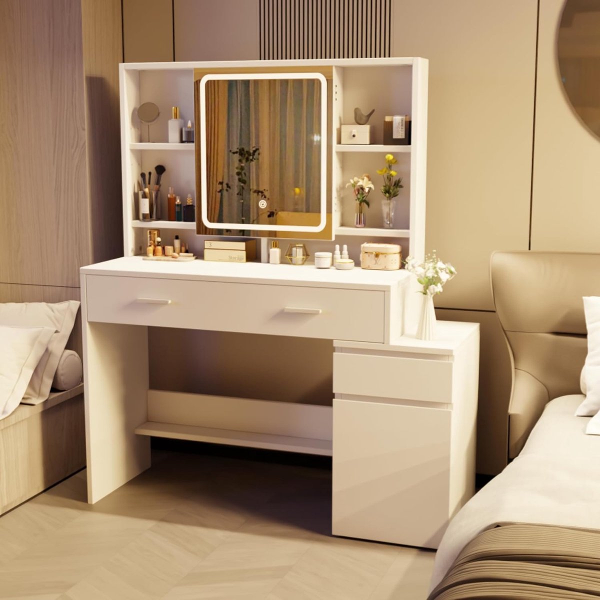 Luxe Hollywood LED Make-up Kaptafel “Aurora Glow” met Spiegel, Dimbare Verlichting, 3 Lich