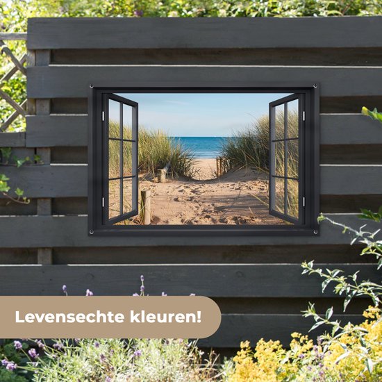 Tuinposter raam - Doorkijk - Strand - Natuur - Zee - Duinen - Planten - Tuindecoratie - Tuindoek - Tuinschilderij voor buiten - Schutting decoratie - Schuttingdoek - 120x80 cm - Tuin - Tuinposters
