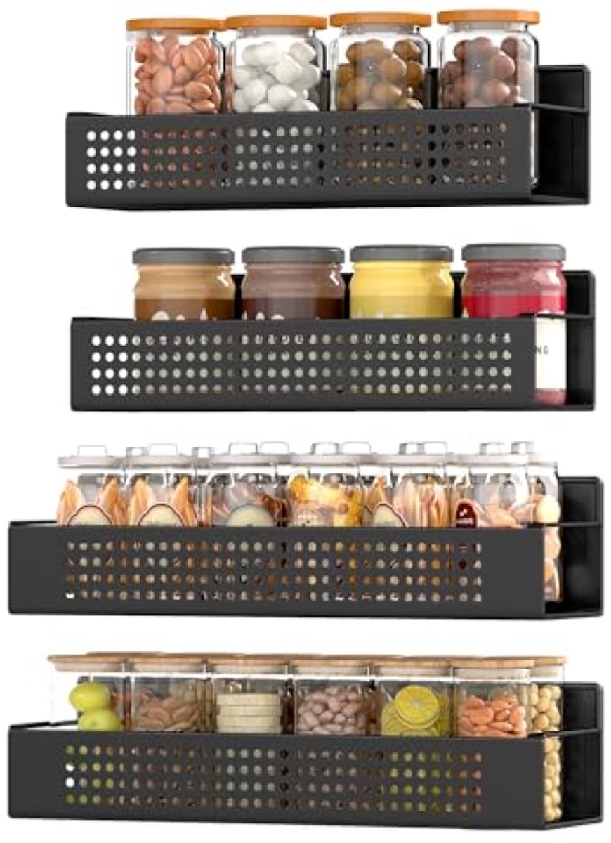 Magnetisch kruidenrek set van 4, 2 grote en 2 kleine planken, ruimtebesparende organisator zonder boren, voor koelkast, magnetron of wasmachine, inktzwart