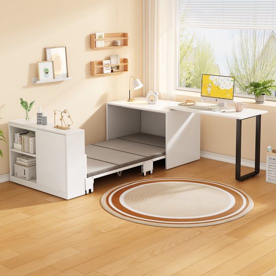 MODFU – Bureau et lit escamotable 2-en-1 – 216x116x79 cm – Rangement et roulettes – Scandinave – Blanc et noir