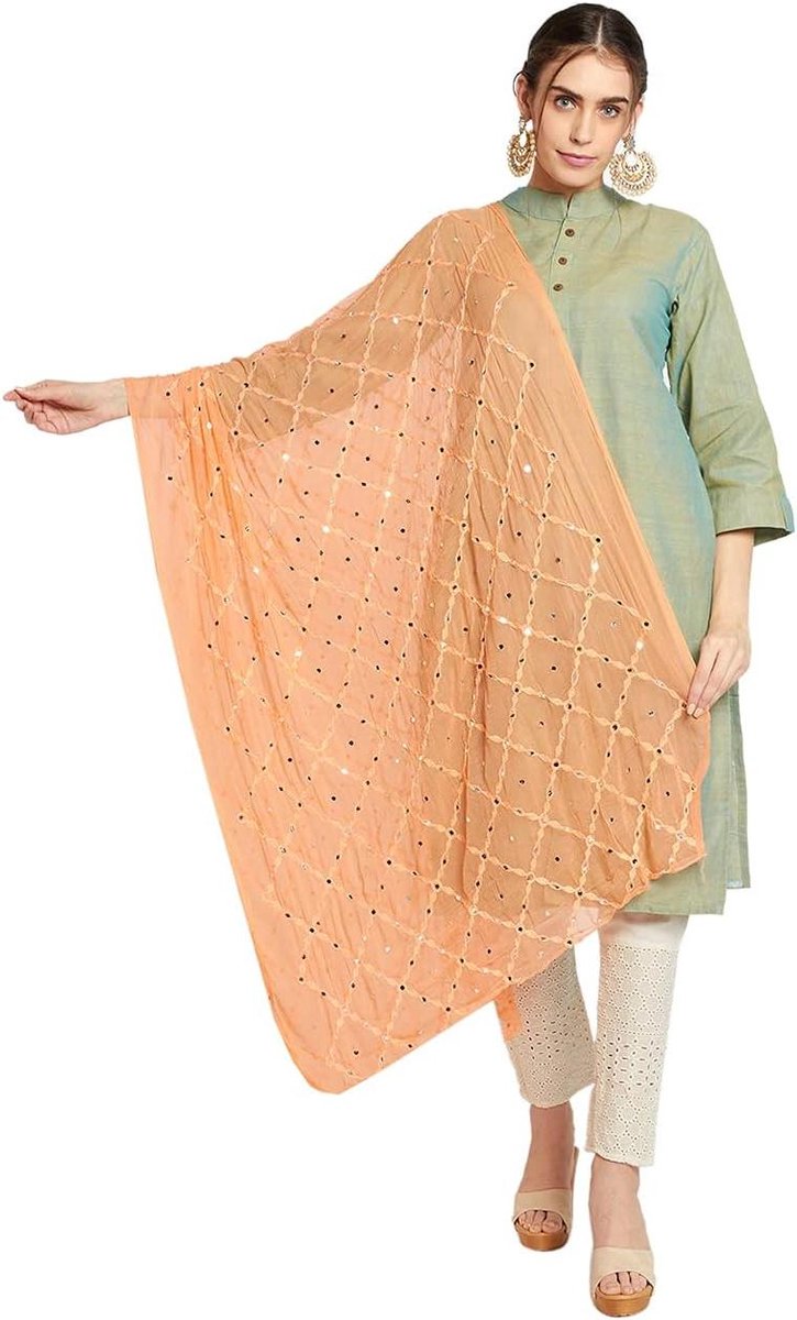 Geborduurde Chiffon Dupatta - Sjaal Dames - Feestelijke Outfit - Met Spiegel Werk - 229 x 91 cm - Perzik