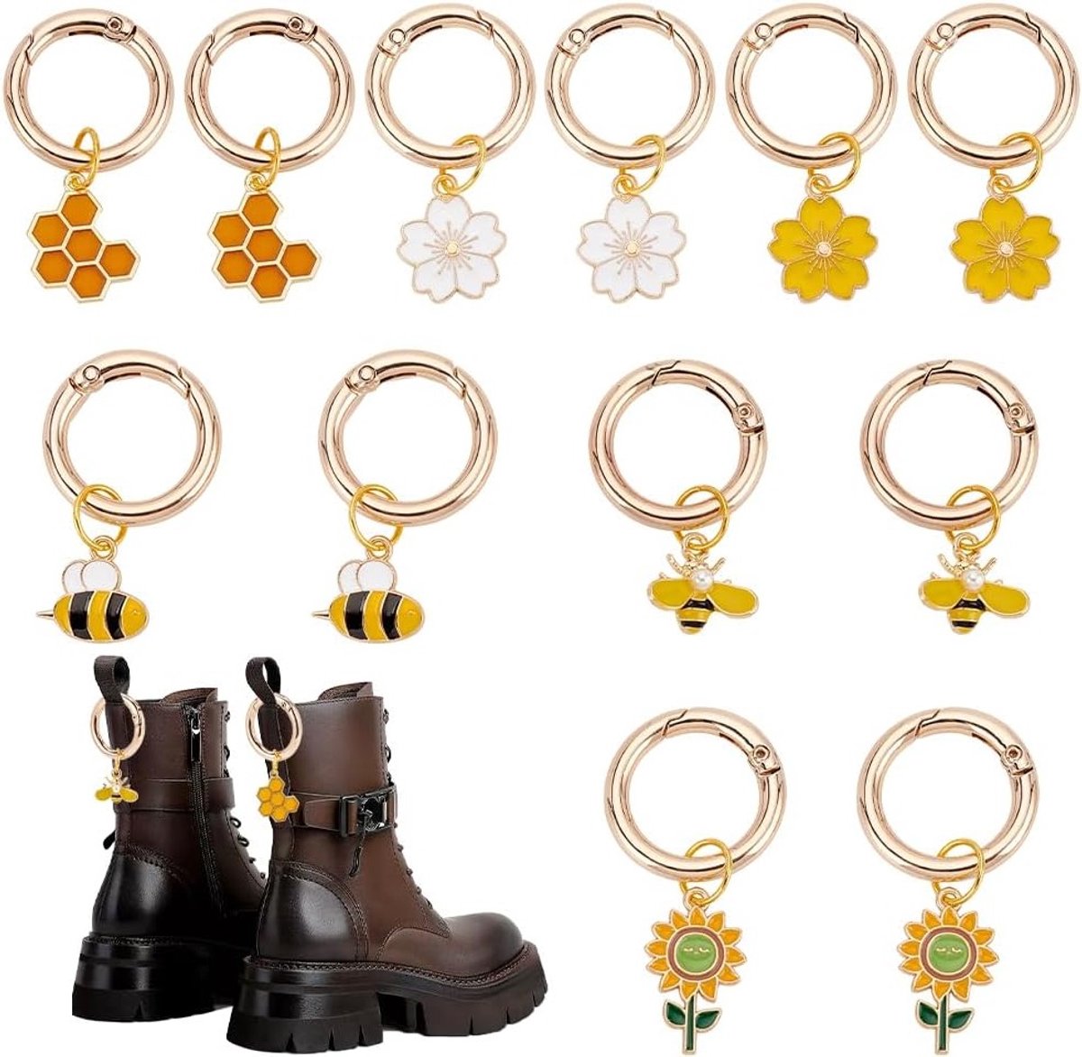 12 Stuks 6 Stijlen Emaille Schoen Charms 44~53mm Bloem Bij Boot Hangers voor Sneakers, Laarzen en Sandalen met Veer Ringen