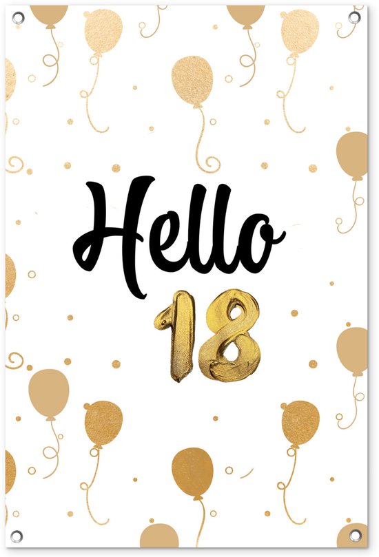 Tuinposter 60x90 cm - Tuindecoratie Jubileum - 18 jaar verjaardag versiering - Ballonnen - Poster voor in de tuin - Buiten decoratie - Schutting tuinschilderij - Tuindoek muurdecoratie - Wanddecoratie balkondoek - Verjaardag versiering - Spandoek