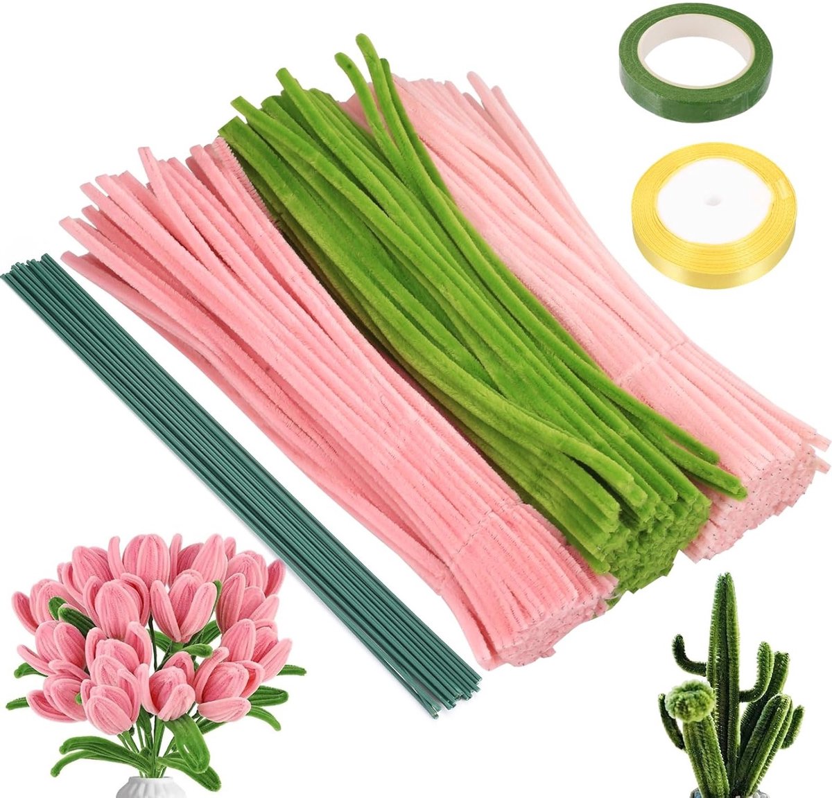 320 Stuks Pijpenragers voor Creatieve Bloemen, Flexibele Chenille Draad voor DIY Bloemboeketten en Ambachten, 30 cm Lange Pijpenreinigers in Roze en Groen