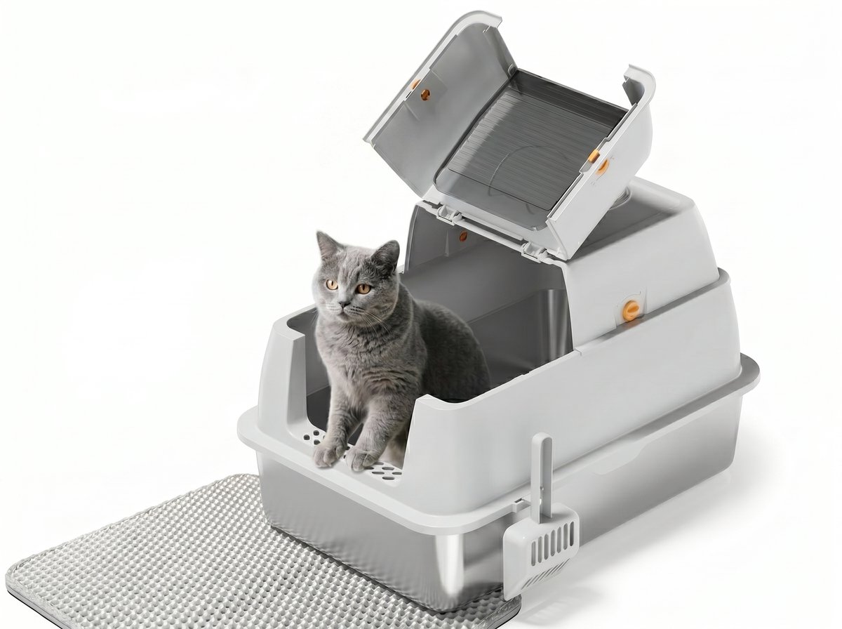 YYchan RVS Kattenbak XL - Kattentoilet Roestvrijstaal - Formaat met 60x40x45cm- Geschikt voor 1-2 Grote Katten tot 15kg - Duurzaam Metaal voor Grote Katten & Kittens - Hygiënisch & Geurvrij - Inclusief Schep - Licht Grijs