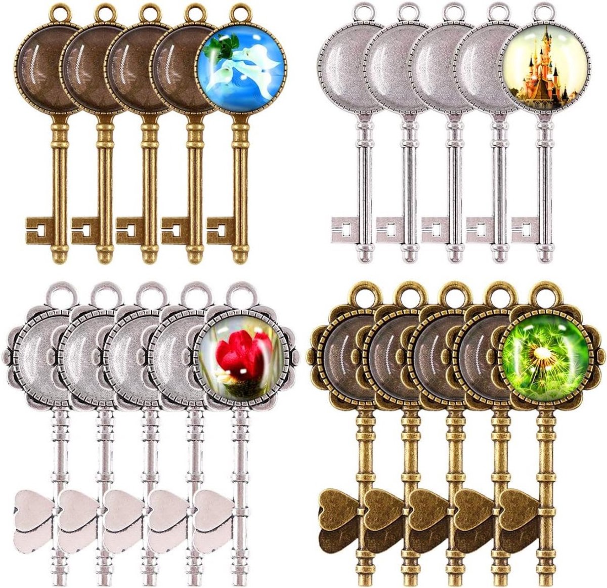 48-delige Vintage Pendant Tray Set met Sleutels en Duidelijke Glazen Dome Tegels voor DIY Sieraden, Trouwerij en Feestdecoratie