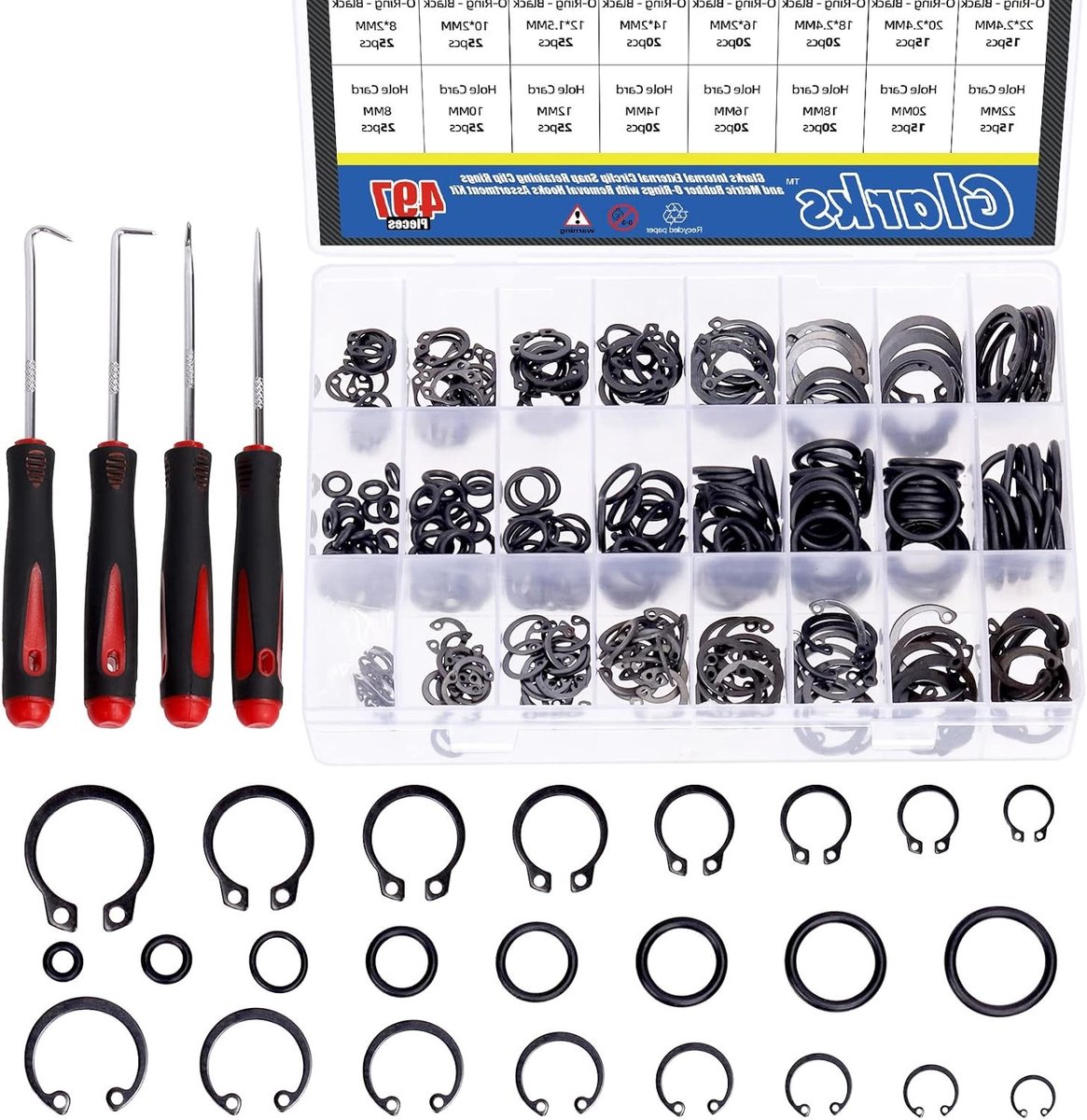 499 Stuks 8 Maten Legering Staal Externe Bevestigingsclips en Interne Circlips met Rubber O-Ringen en Precisie Haak en Pincet Assortiment Kit, Metrische Maten voor Diverse Toepassingen