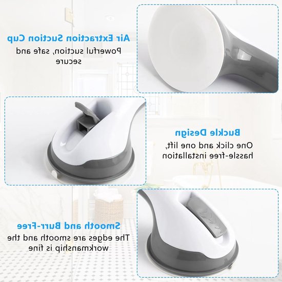 Set van 2 Zuignap Douchehandgrepen - Plastic Steun voor Bad en Douche, Ideaal voor Ouderen, Zwangere Vrouwen en Personen met Beperkingen, Grijs — afbeelding 2