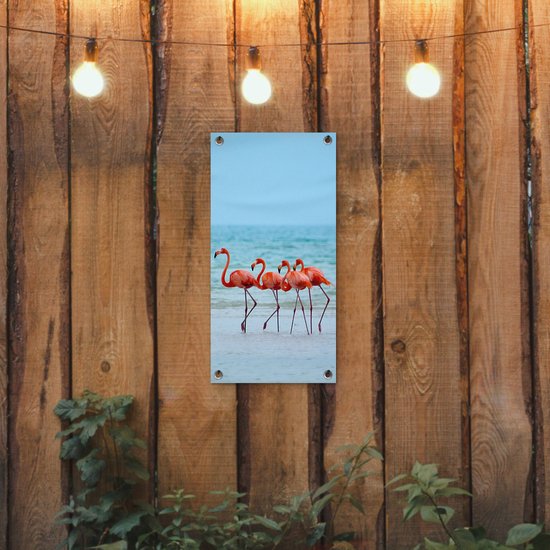 Affiche de jardin Quatre flamants roses marchant dans l'eau - 30x60 cm