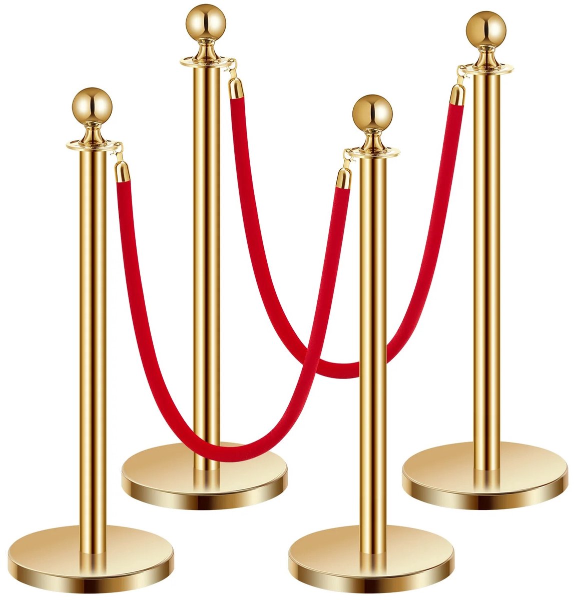 Roossentials afzetpalen - Afzetpaal met koord - Afzetpalen goud met rood koord - Set van 4 palen en 2 touwen - Rode loper palen set - Luxe VIP afzetpaal