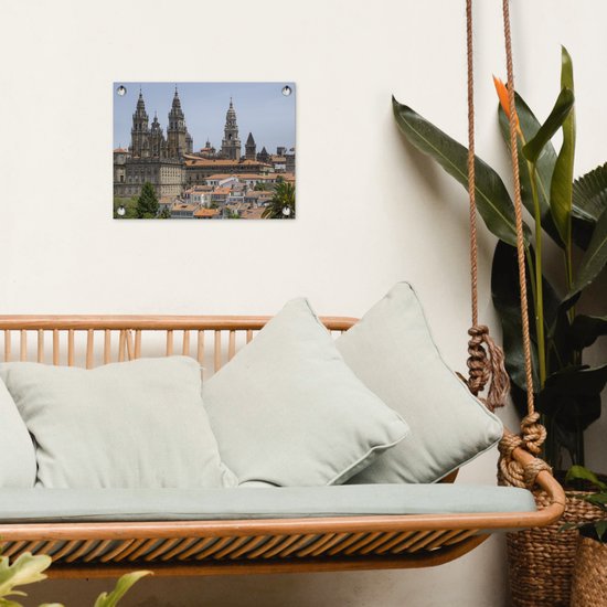 Tuinposter 40x30 cm - Tuindecoratie Cityscape van Santiago de Compostella - Poster voor in de tuin - Buiten decoratie - Schutting tuinschilderij - Tuindoek muurdecoratie - Wanddecoratie balkondoek
