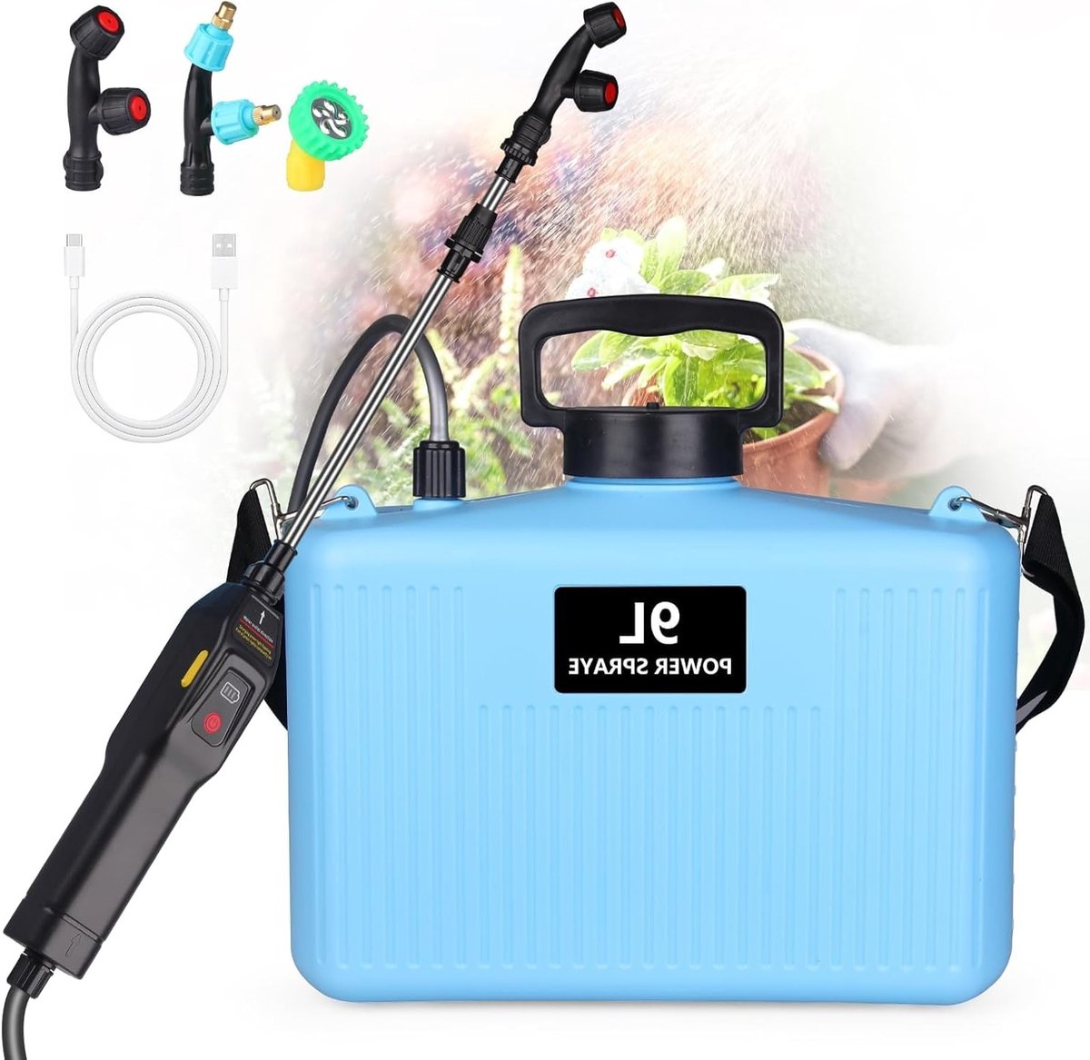 Elektrische drukspuit 9 liter voor tuinonderhoud, USB-oplaadbaar met verstelbare sproeiers en schouderriem, ideaal voor gazon en plantenverzorging