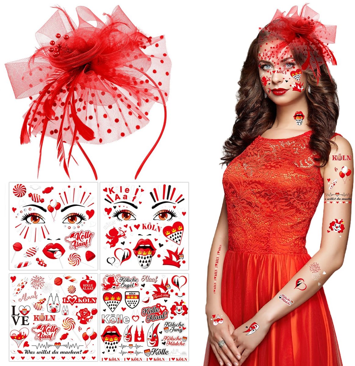 Allecto - Kölle haarband - Carnaval - Rood - Halloween - Gezichtstatoeages - Perfect voor feestelijke gelegenheden - Geschikt voor volwassenen en k...