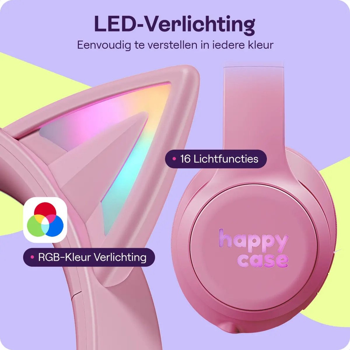 HappyCase Kinder Koptelefoon Kattenoortjes Roze met LED - afbeelding 2