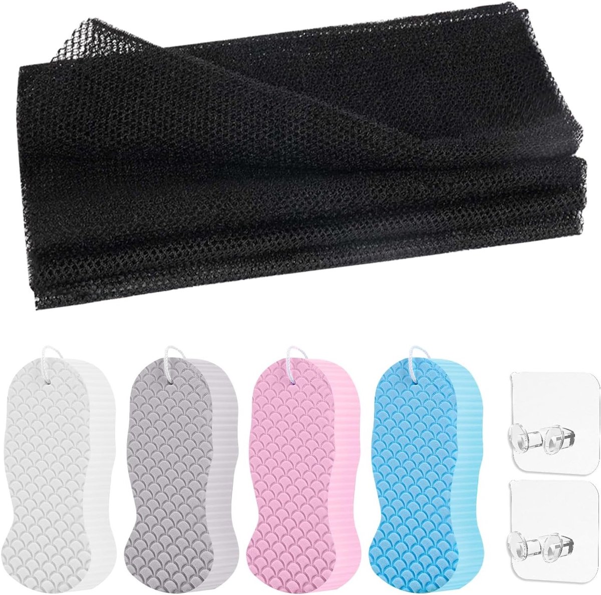 1 Stuk Afrikaanse Net Spons en 4 Douche Sponzen met 2 Hechthaken, Peeling Spons voor Lichaam, Rugschrobber, Herbruikbare Badaccessoires voor Volwassenen en Kinderen