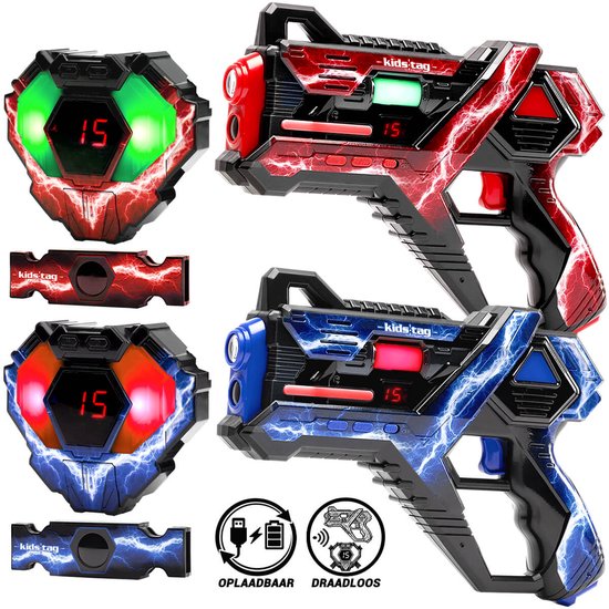 Oplaadbare lasergame set voor kinderen: 2 Laserguns + 2 vesten + 2 achtersensoren - Kidstag V2 Lasergame Pistolen voor 6+ - Oplaadbaar Laser Tag Speelgoed