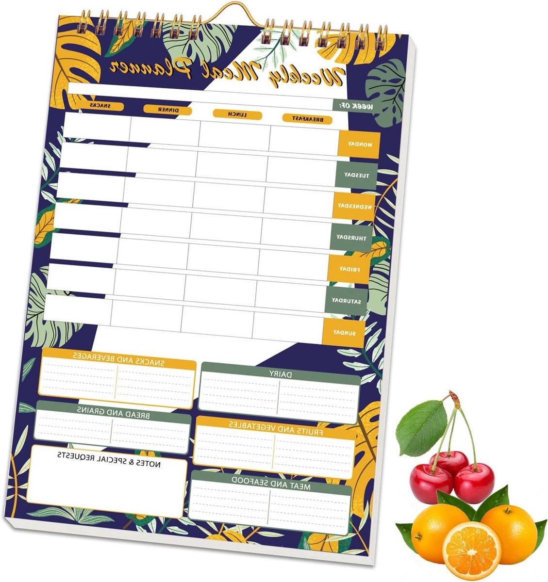 Wekelijkse eetplanner en menuplanner met boodschappenlijst, tropisch design, spiraalbinding, ideaal voor gezinsmaaltijden en gezonde voeding, 21 x 15 cm, dubbelzijdig bedrukt op stevig papier