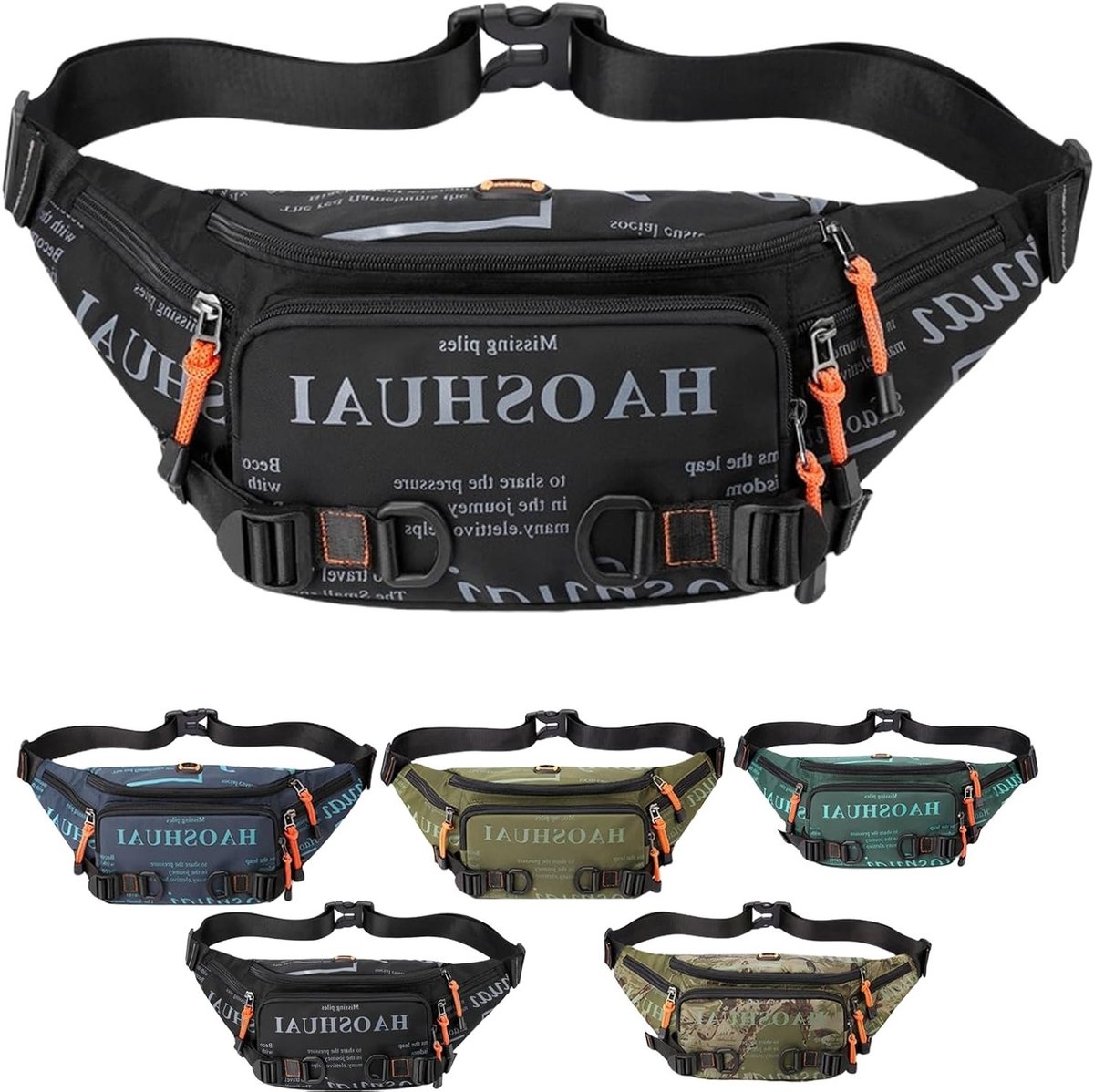 Multifunctionele Waterdichte Heuptas voor Sport, Fitness en Reizen met 5 Ritszakken, Zwart, Unisex, Stijlvol en Ruim