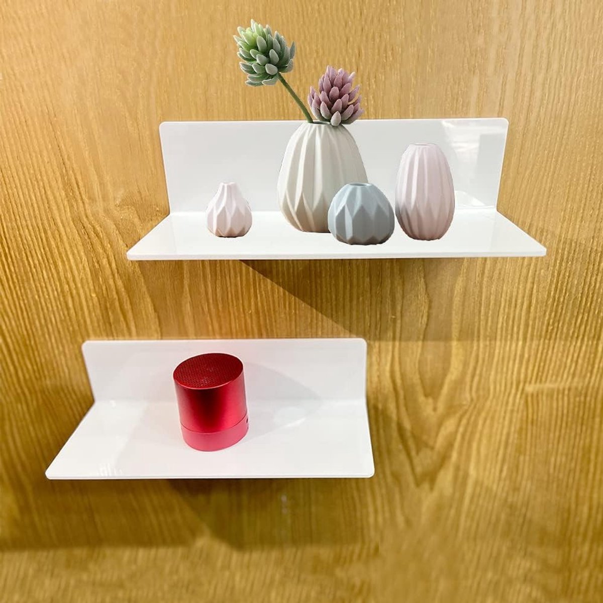 Zwevende Wandplanken zonder Boren, 2 Stuks, Decoratieve Planken voor Woonkamer, Slaapkamer, Kantoor en Keuken, Inclusief 4 Kabelclips, Wit en Stevig