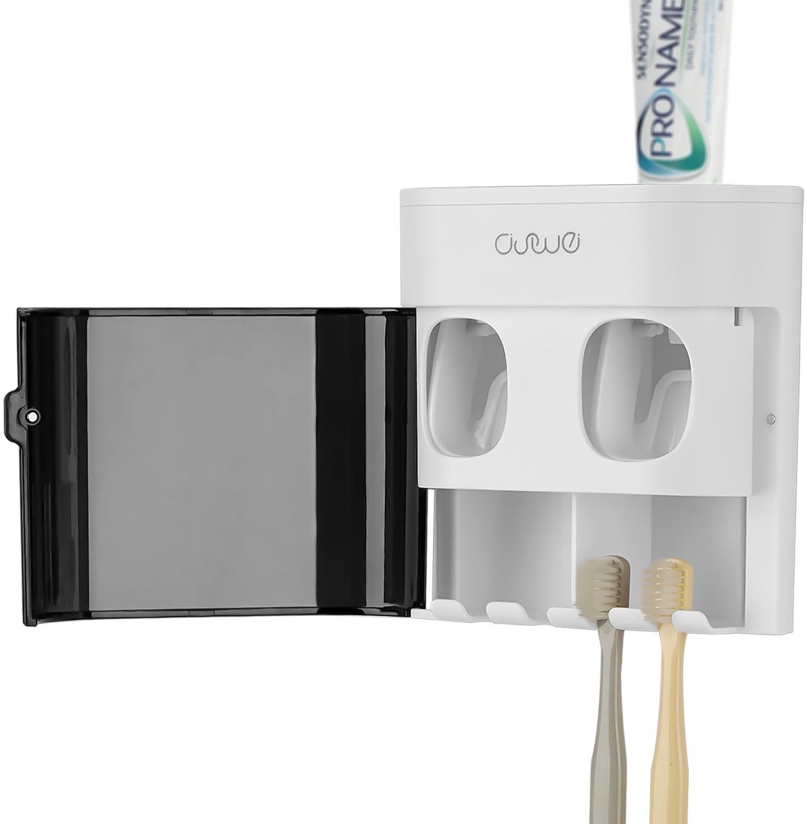 SPHProducts - Tandenborstelhouder - Wandmontage - Hygiënisch - Zwart - Tandpasta-dispenser - Geschikt voor Volwassenen - 4 Compartimenten