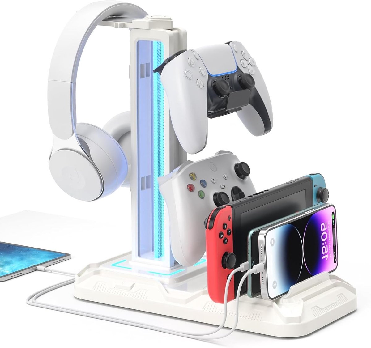 Hoofdtelefoonstandaard met Oplaadstation - Afneembare Hoofdtelefoonhouder met 9 Verlichtingsmodi, Draaibare Hanger en USB Oplaadpoorten voor Gaming Accessoires en Organisatie