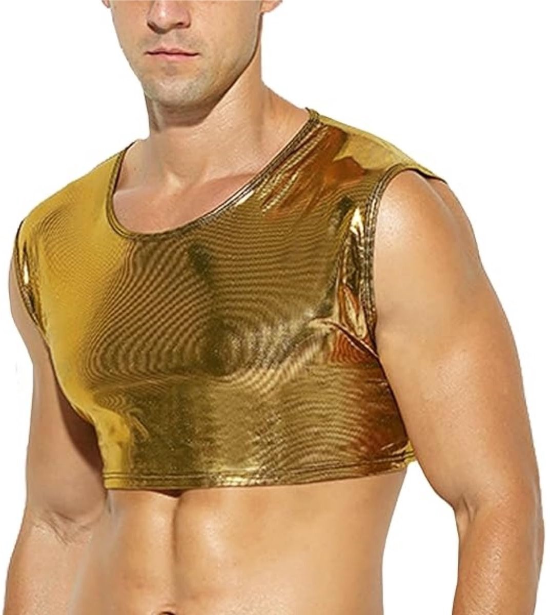 Shiny Crop Top voor Mannen - Sexy Faux Leather - Slim Fit - Zwart/Goud