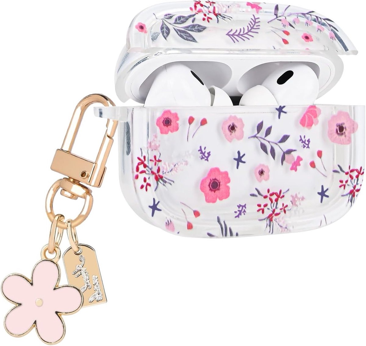 Doorzichtig Beschermhoes voor Airpods Pro 1 en 2 met Sleutelhanger, Bloemenpatroon, Roze, TPU, Stofdicht en Krassenbestendig, Ideaal voor Vrouwen