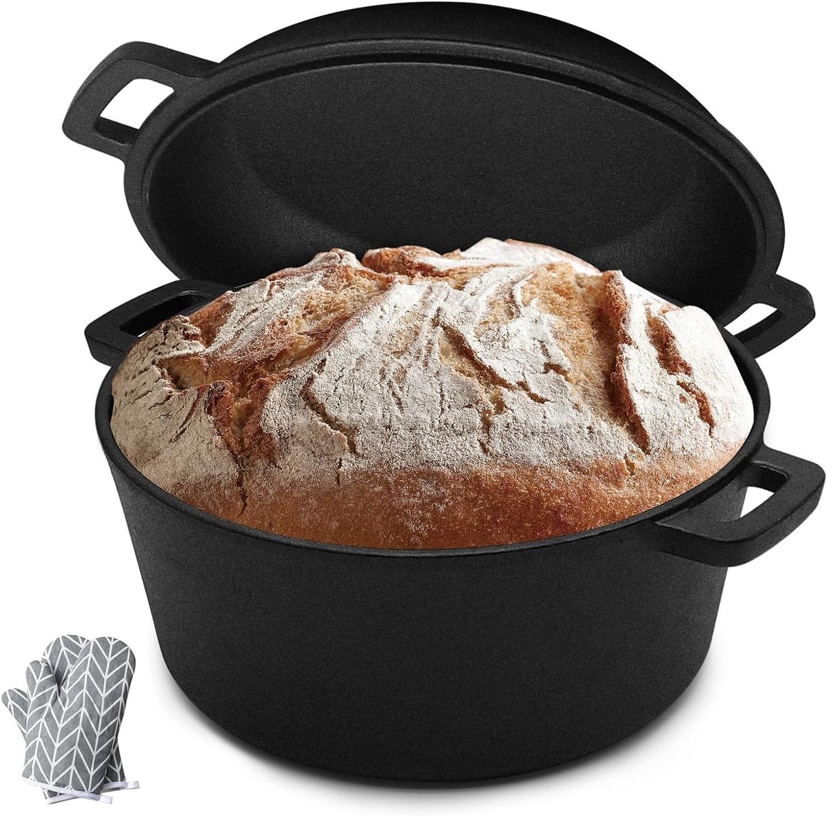 Gietijzeren broodbakpan met deksel, 4,7 l en 1,5 l, ideaal voor broodbakken, stoven en bakken in oven en op kookplaat, zwart en duurzaam