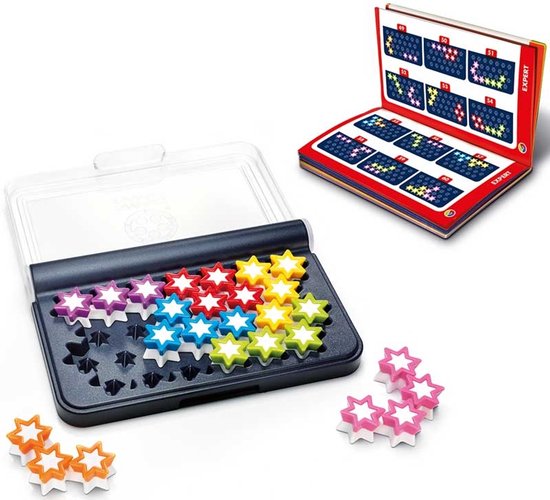 IQ Stars spel met gekleurde sterren in een doosje en een boekje met opdrachten. Losse sterren liggen naast het spel.