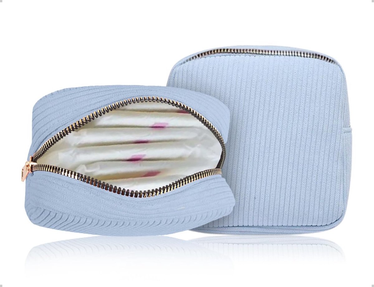 Opbergtas voor Tampons met Rits - Kleine Corduroy Make-up Tas voor Maandverband en Pantyliners voor Vrouwen (Blauw, 12 x 12 cm)
