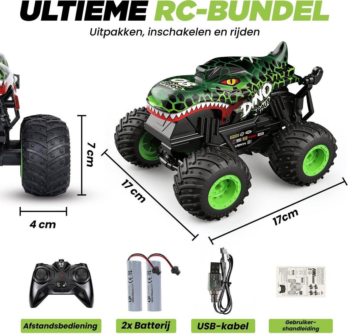 Strolox® Dinosaurus bestuurbare auto – RC stuntauto voor Jongens – afstandsbestuurbare Monster Truck met LED & Geluid – Offroad 4WD – Voor Binnen & Buiten — afbeelding 8