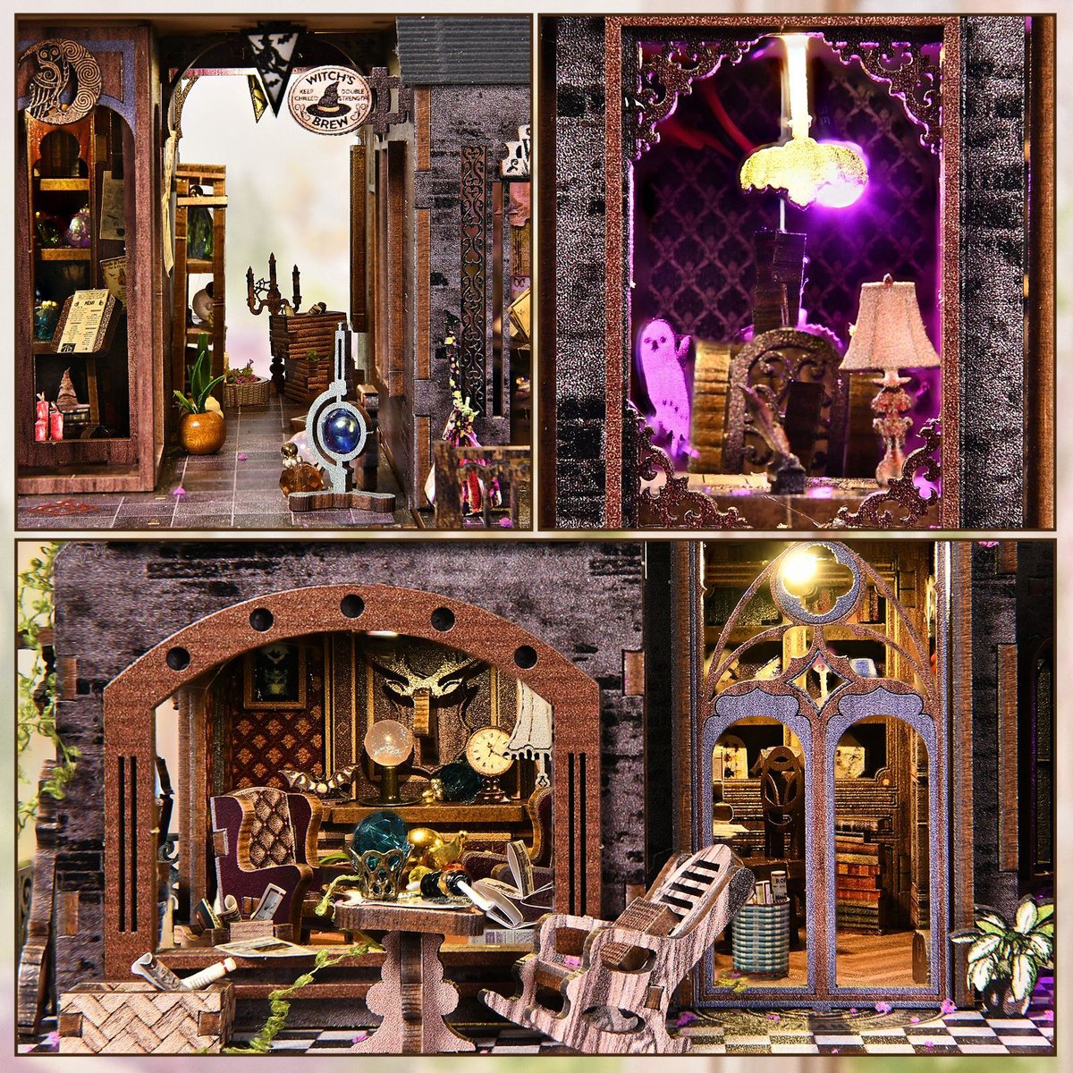 Premium Miniatuur XXL bouwpakket (Extra groot) - DIY Houten 3D Puzzel Magic House met LED Verlichting, Bewegingssensor & Muziekdoos – Book Nook Boekensteun Miniatuur Bouwpakket – Cadeau voor Volwassenen (15+) — afbeelding 10