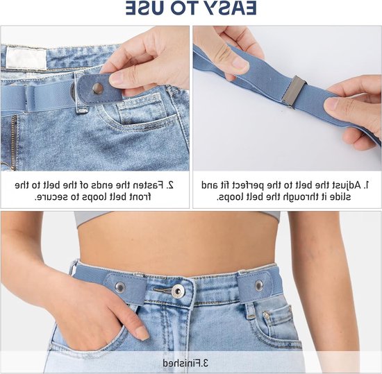 Verstelbare elastische riem zonder gesp - Onzichtbare stretch riem voor heren en dames, ideaal voor jeans, broeken en jurken - Set van 5 stuks in wit, grijs en zwart — afbeelding 4