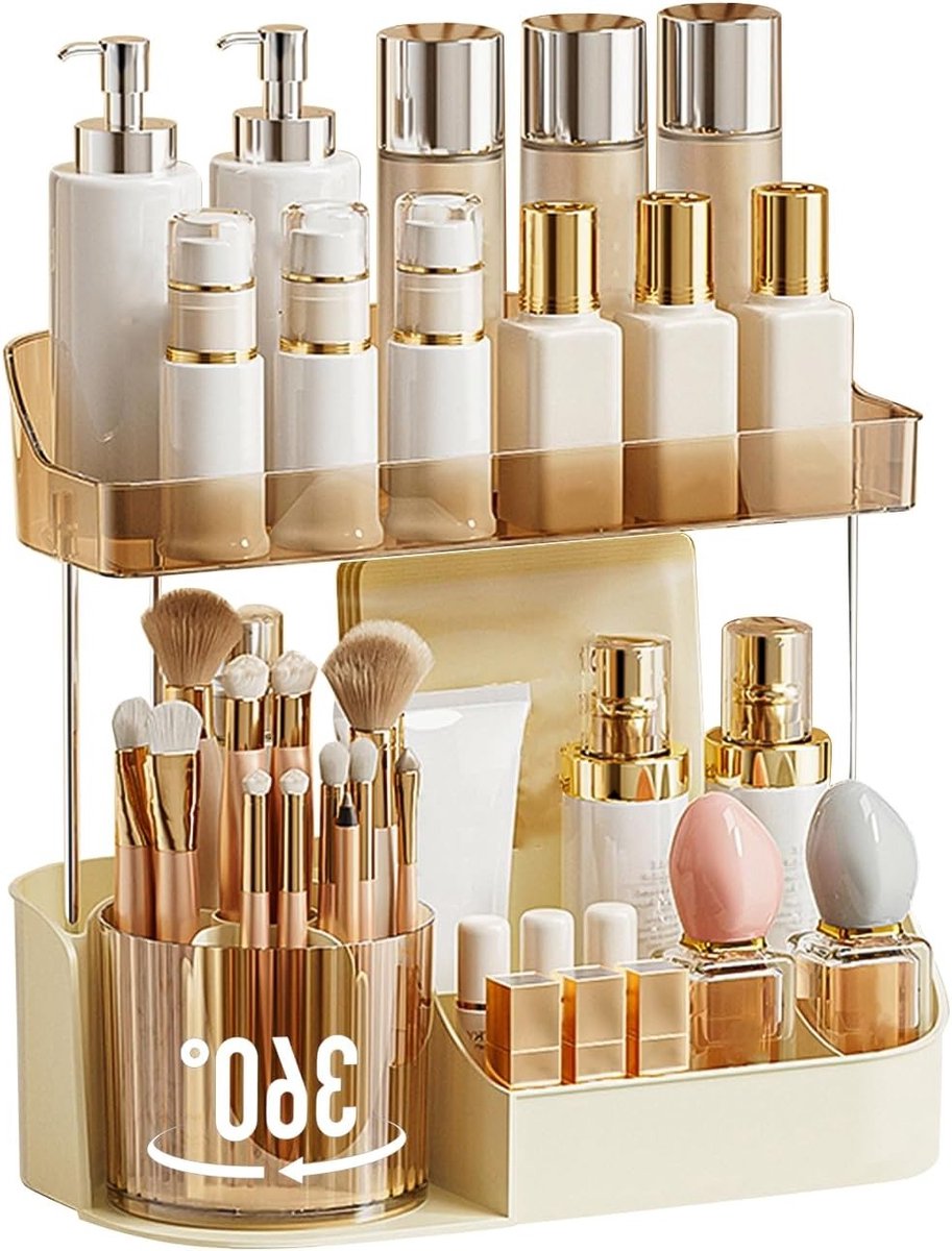 360° Draaibare Make-up Organizer voor Make-upkwasten, Cosmetica en Huidverzorging - Opslag voor Slaapkamer, Badkamer en Kaptafel (Crème, 2 Niveaus)