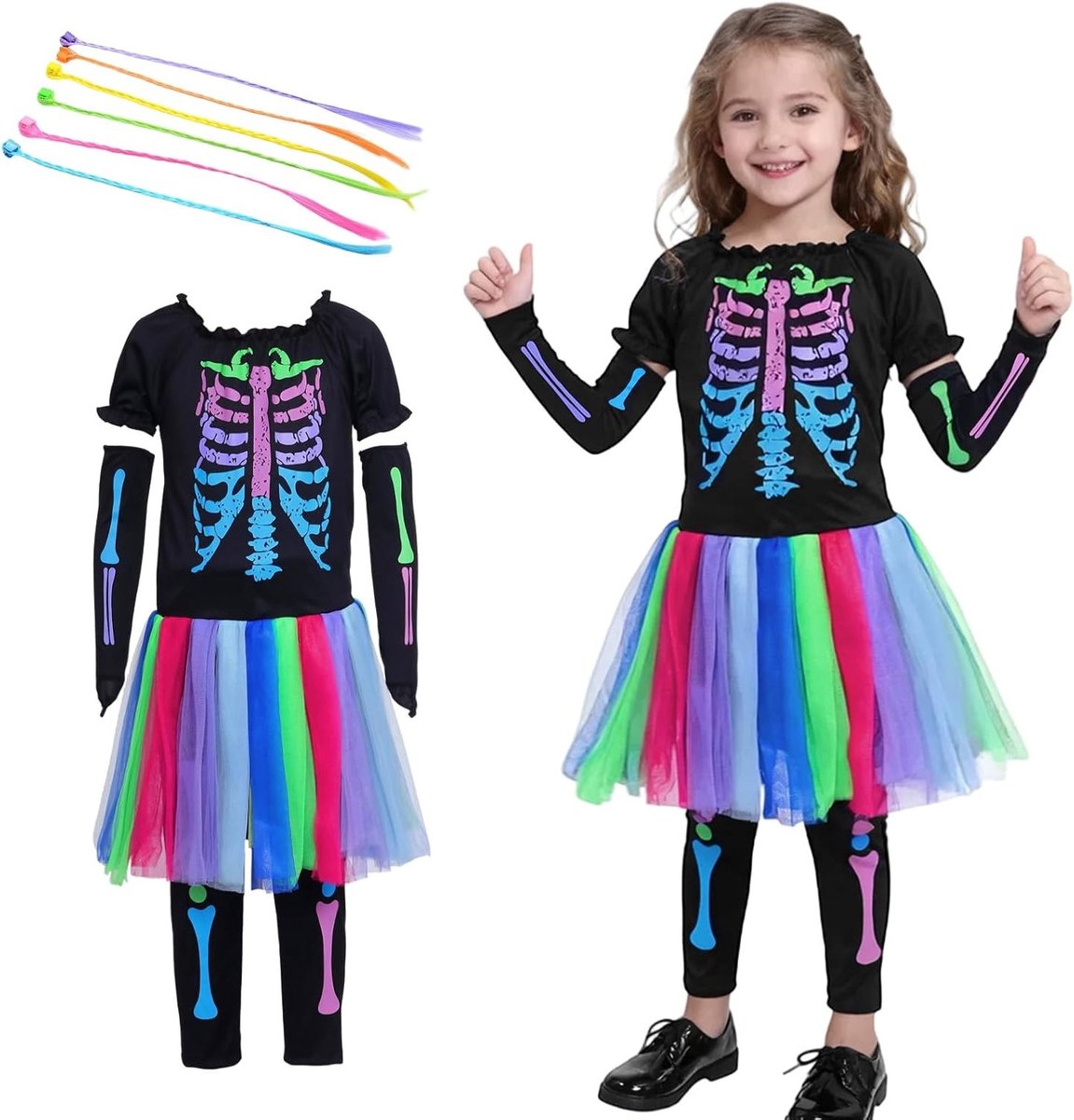 Halloween Skeletenkostuum voor Meisjes met Kleurrijke Pruiken - Perfect voor Carnaval en Cosplay