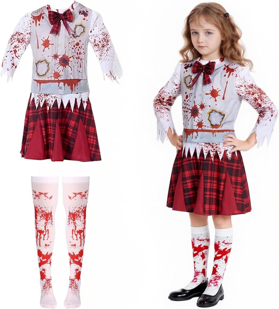 Engelachtige Zombie Kostuum voor Kinderen - Griezelige Cheerleader Outfit met Sokken en Ketting voor Halloween en Carnavalsfeesten